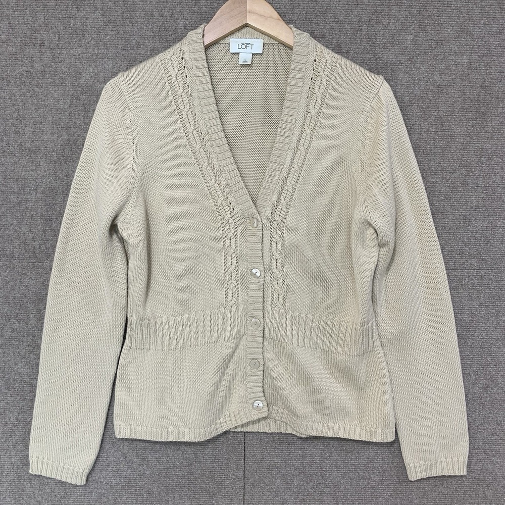 LOFT  Women's Tan Chunky Knit Button Front Cardigan Womens Size L Light Academia